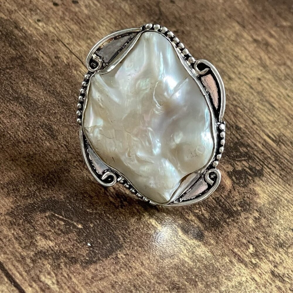 Vintage Baroque Pearl Sterling Silver 925 Statement Ring Sz 8 Chunky Cocktail